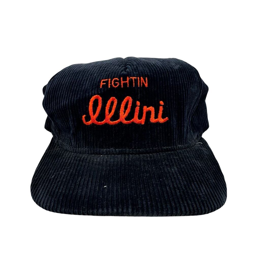 Fightin Illini Script Blue Corduroy Snapback Hat Original 80s U of I Snap Strap